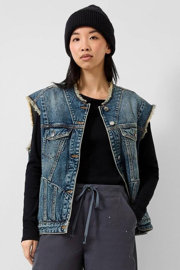 QS denim gilet met rafels medium blue