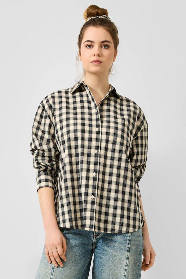 QS geruite blouse ecru zwart
