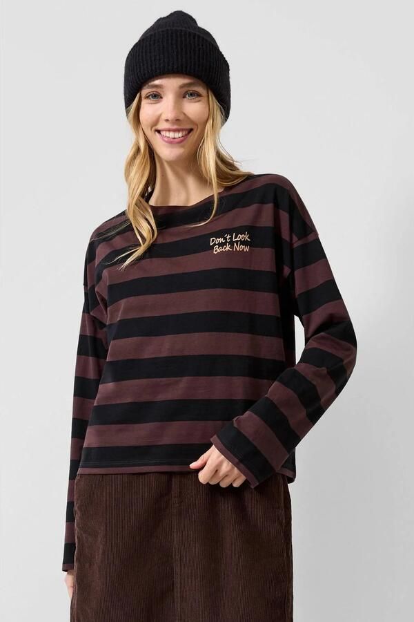 QS gestreepte longsleeve met tekst donkerbruin paars