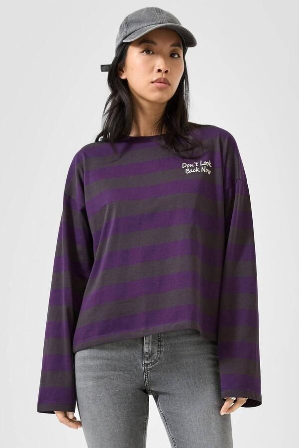QS gestreepte longsleeve met tekst paars antraciet