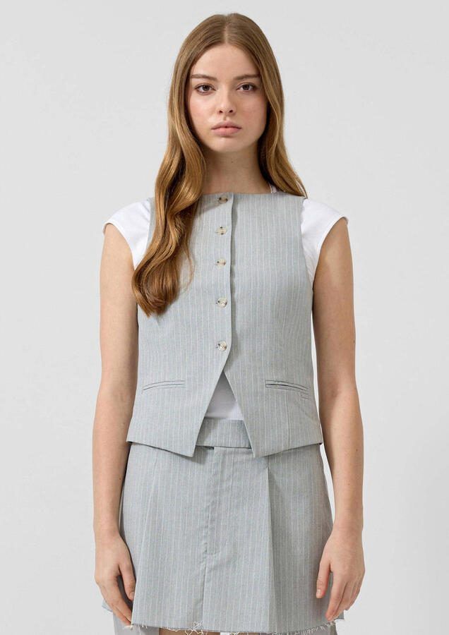 QS gilet met krijtstreep grijs