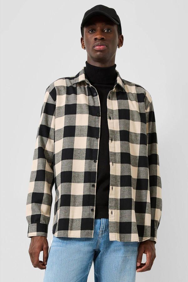 QS regular fit geruit twill casual overhemd beige