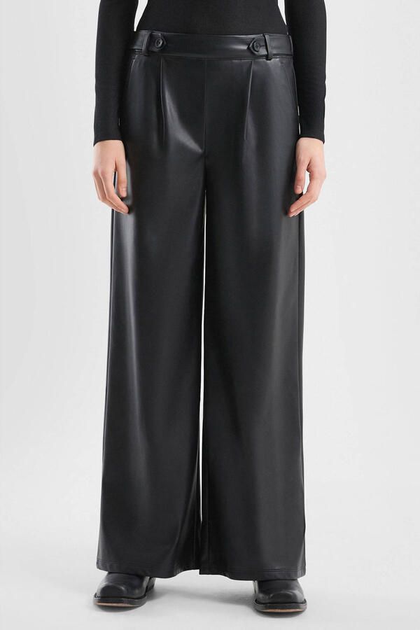 QS imitatieleren Wide leg regular waist broek zwart