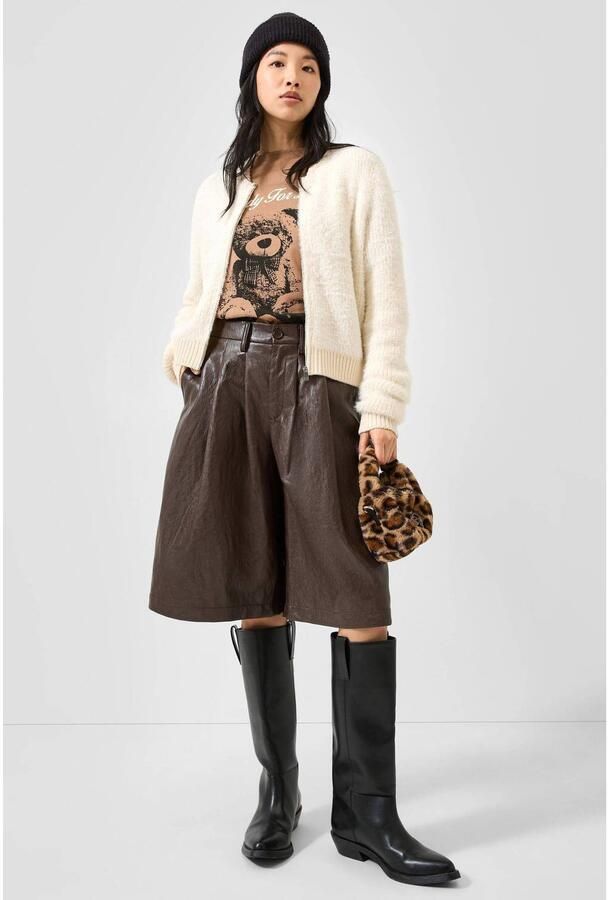QS imitatieleren wide leg short met plooien donkerbruin - Foto 2