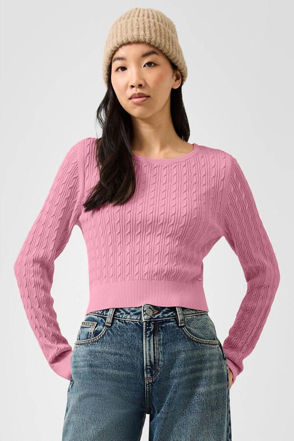 QS katoenen kabeltrui met kabels roze