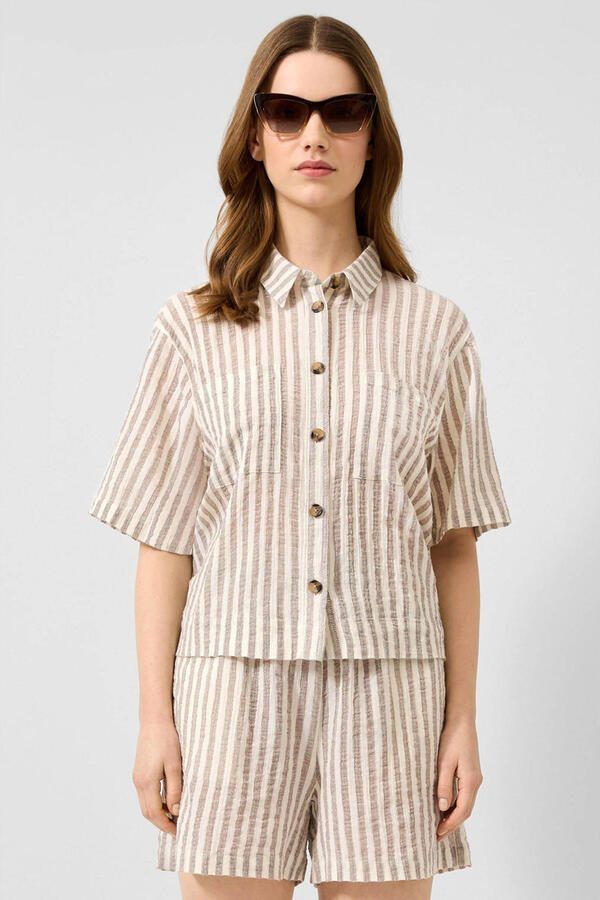 QS loose fit gestreepte seersucker blouse bruin