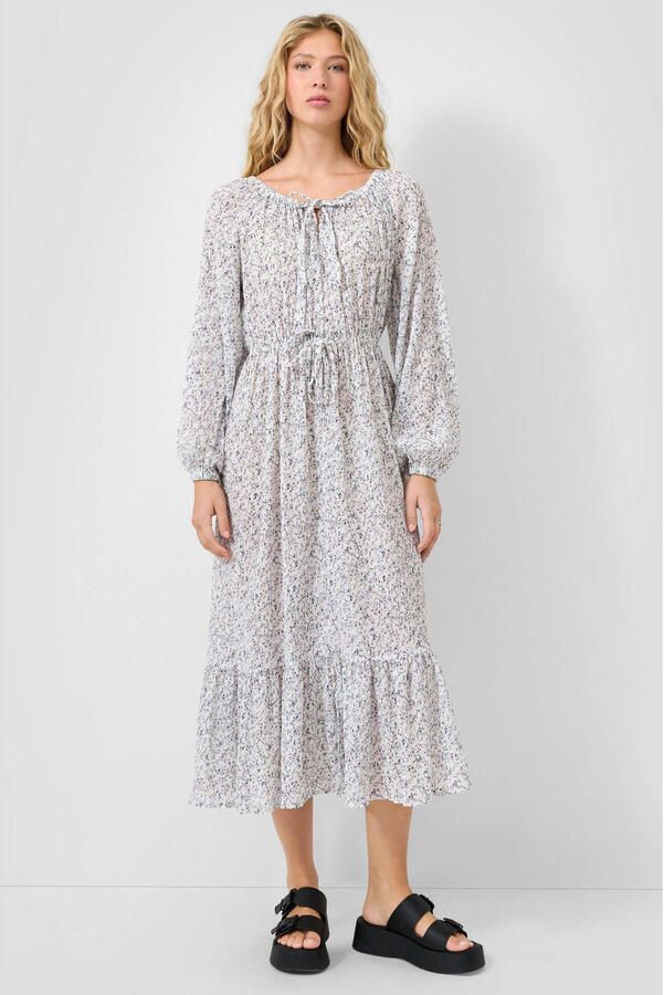 QS luchtige midi jurk met ballonmouwen en bloemenprint ecru