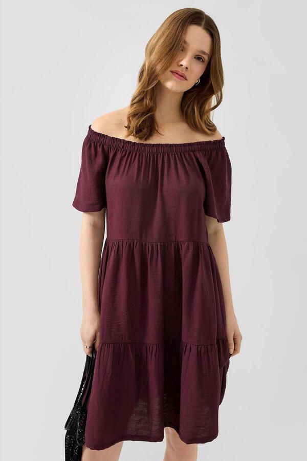 QS off shoulder viscose mini jurk paars