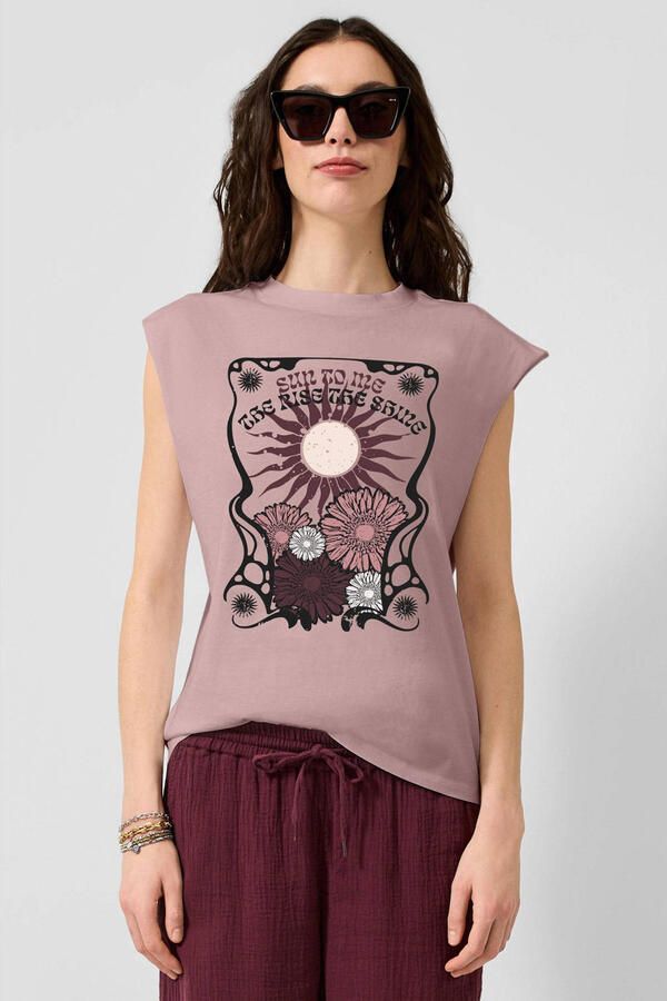 QS regular fit top met print roze