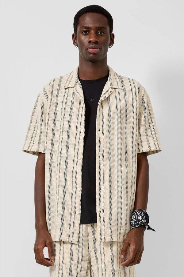 QS regular gestreept casual overhemd beige