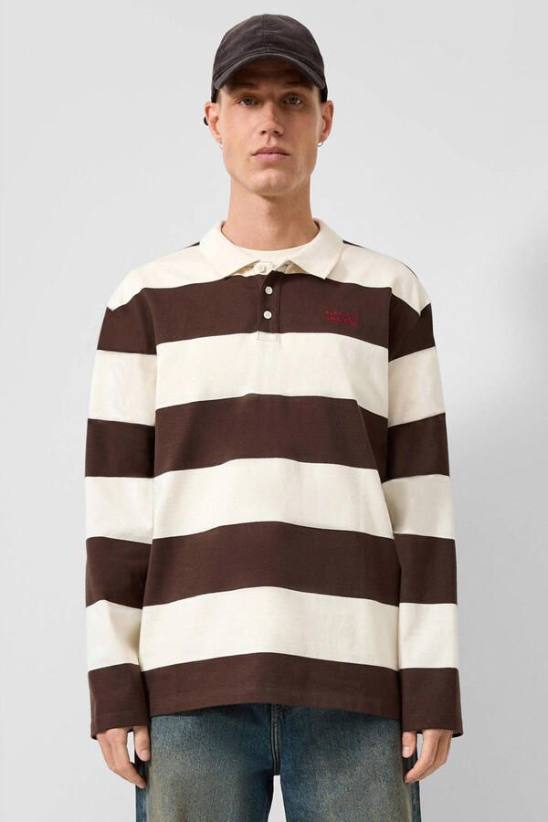QS relaxed fit gestreepte polo donkerbruin