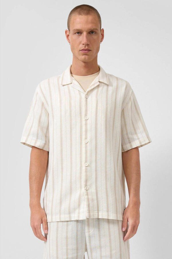 QS relaxed gestreept casual overhemd beige