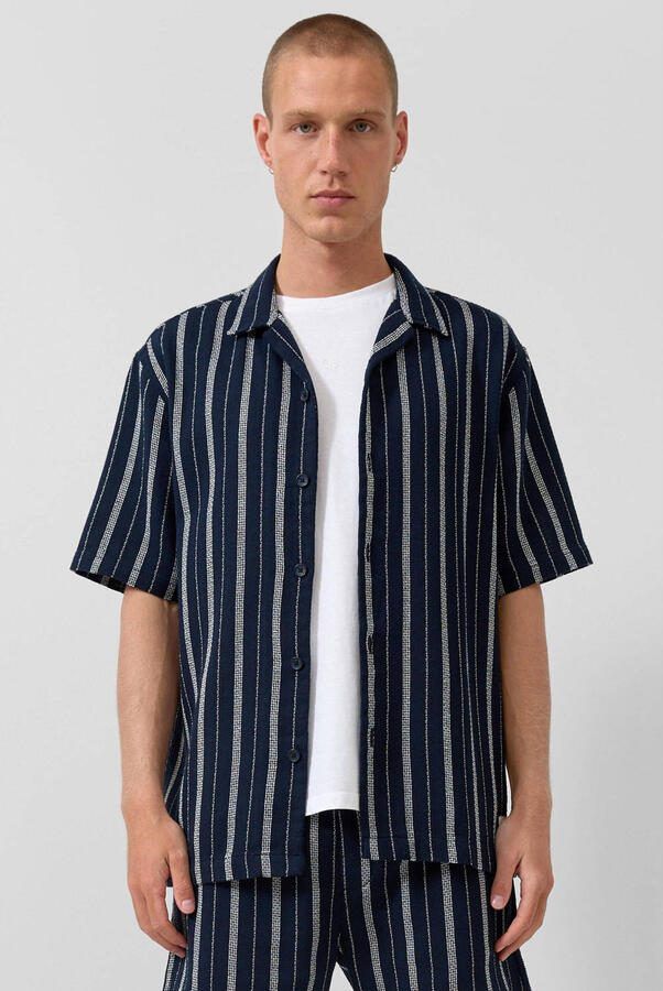 QS relaxed gestreept casual overhemd donkerblauw