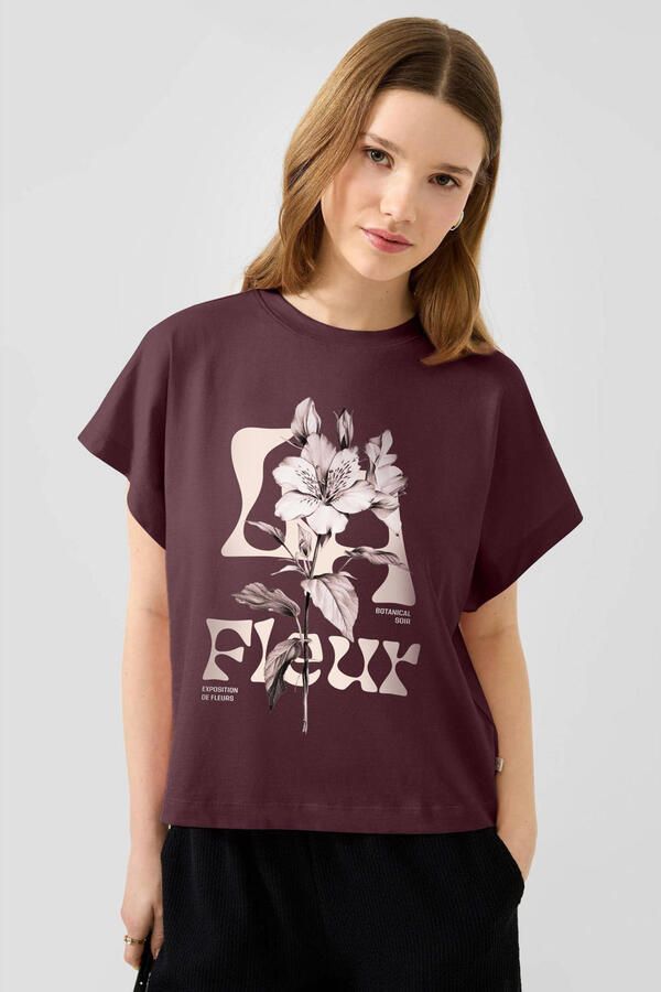 QS T-shirt met print en tekst donkerrood