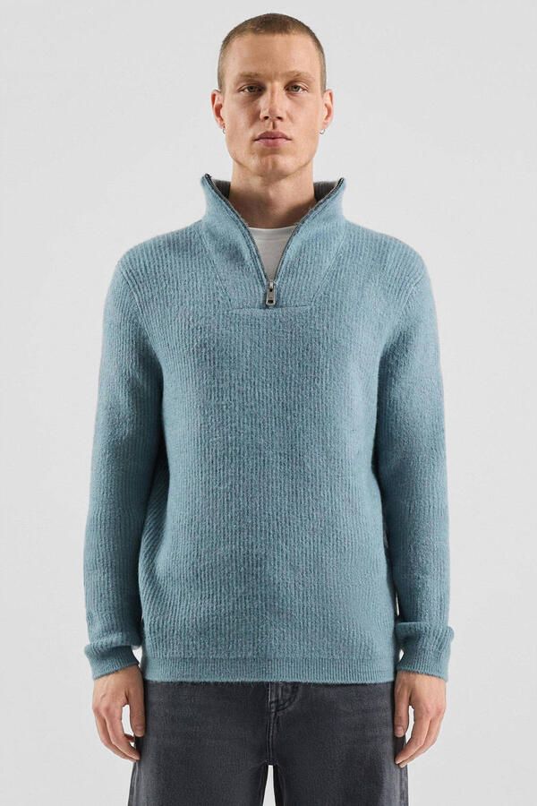 QS trui met wol rib gebreid blauw