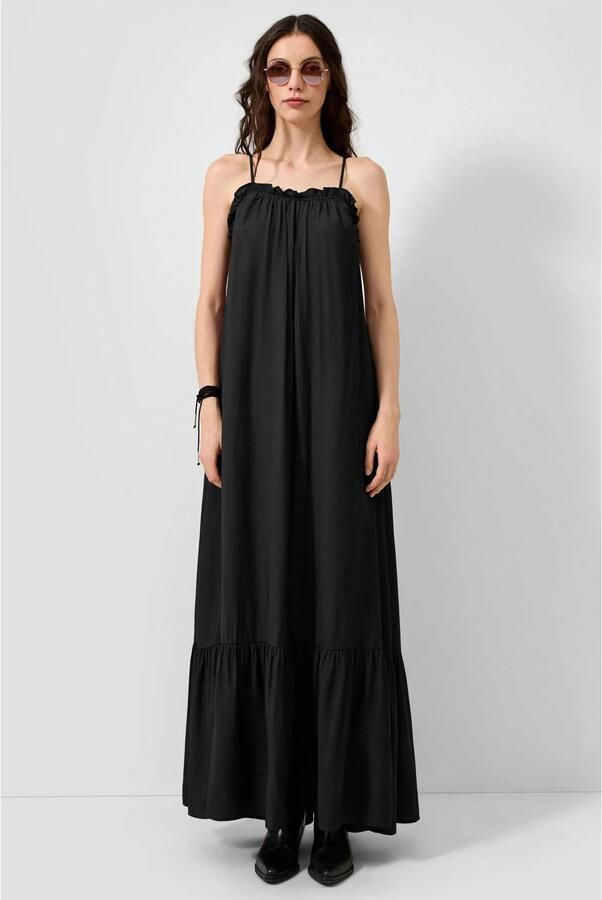 QS viscose maxi jurk met ruches zwart