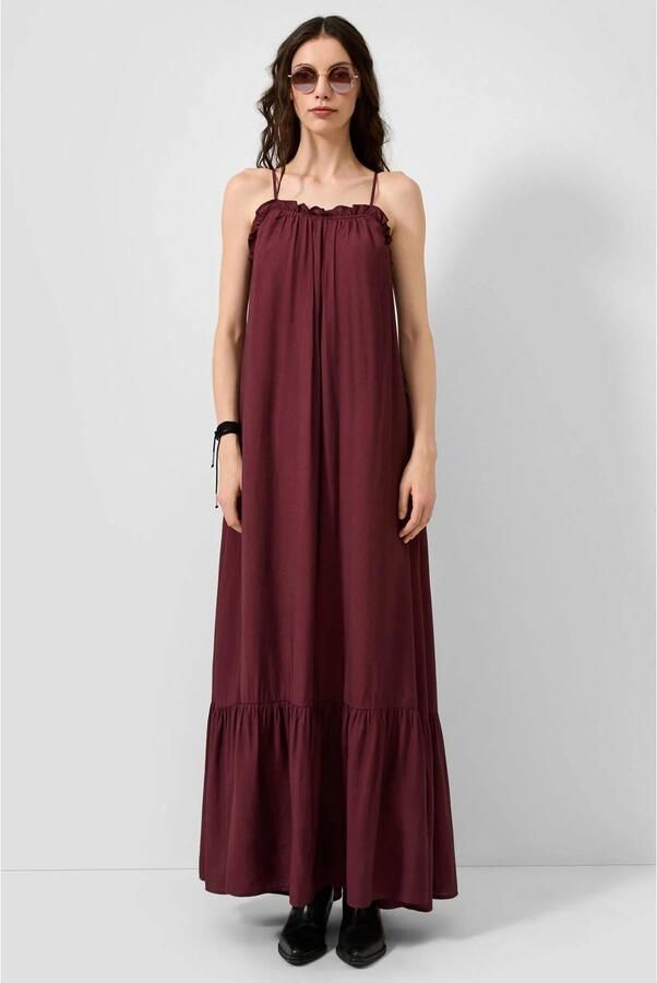 QS viscose maxi zomerjurk met ruches aubergine