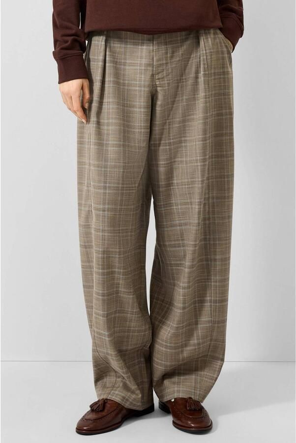 QS wide leg geruite casual broek met plooien ecru