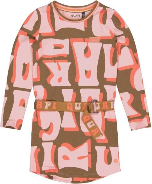 Quapi jurk met all over print bruin oranje roze Meisjes Katoen Ronde hals 110 116