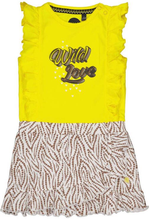Quapi Mini jurk Nadien met printopdruk en ruches geel wit zand