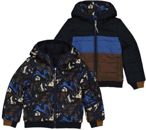 Quapi reversible gewatteerde winterjas ARNOUD met all over print donkerblauw blauw bruin Jongens Polyester Capuchon 110 116