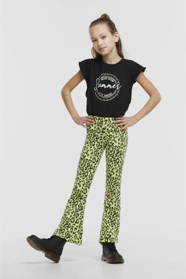 Raizzed flared broek Sanya met panterprint lime groen donkergrijs Meisjes Stretchkatoen 176