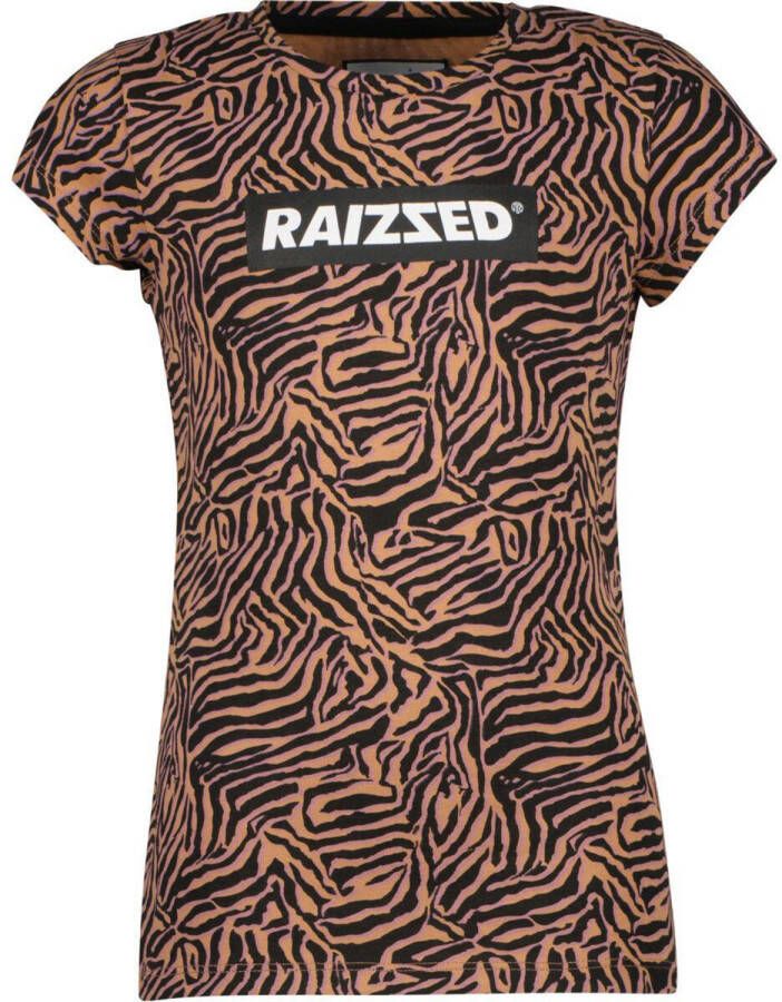 Raizzed T-shirt met zebraprint bruin zwart Meisjes Katoen Ronde hals Zebraprint 128