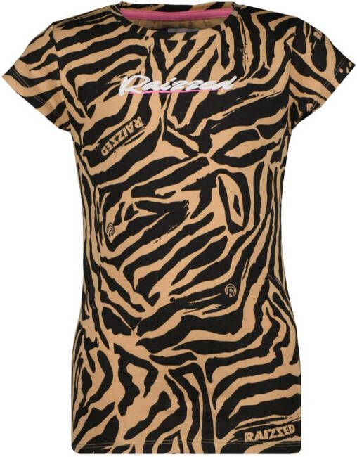 Raizzed T-shirt Salzburg met dierenprint lichtbruin zwart Meisjes Stretchkatoen Ronde hals 152