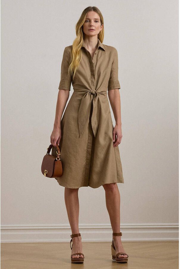 Lauren Ralph Lauren Knielange linnen jurk met strikceintuur model 'WAKANA'