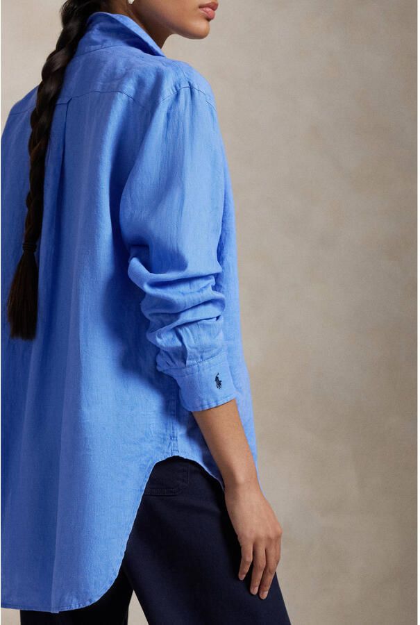 Polo Ralph Lauren Heldere Blauwe Linnen Shirt Elegante Pony Borduurwerk Blue Dames