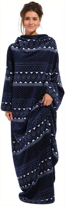 Rebelle fleece deken met mouwen donkerblauw wit