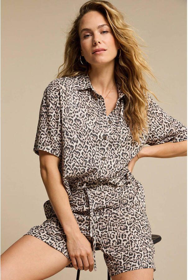 Red Button blouse met panterprint bruin