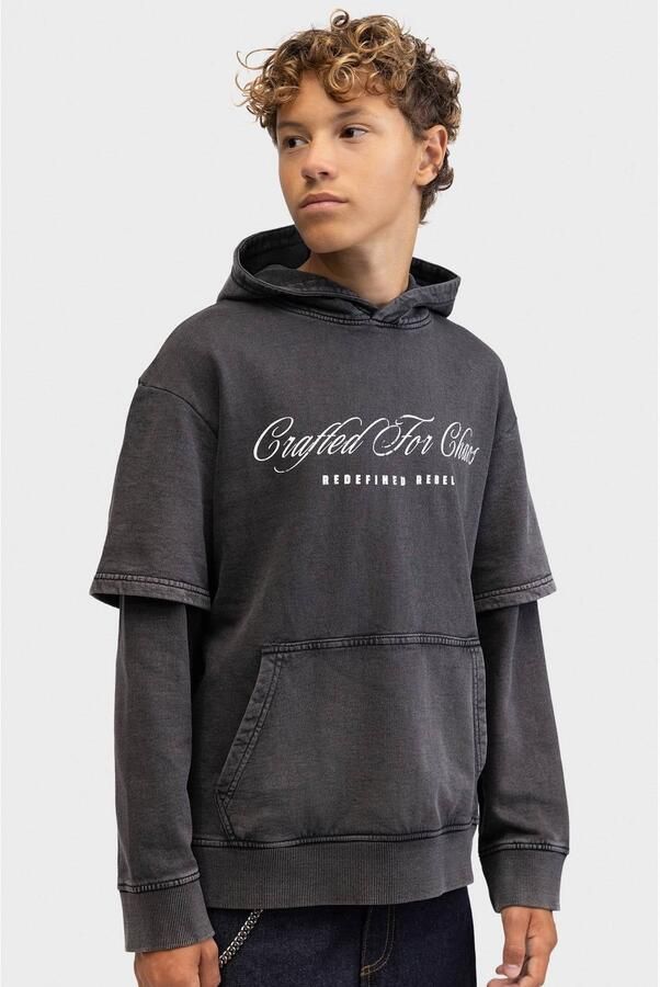 Redefined Rebel hoodie met tekst antraciet Sweater Grijs Jongens Katoen Capuchon