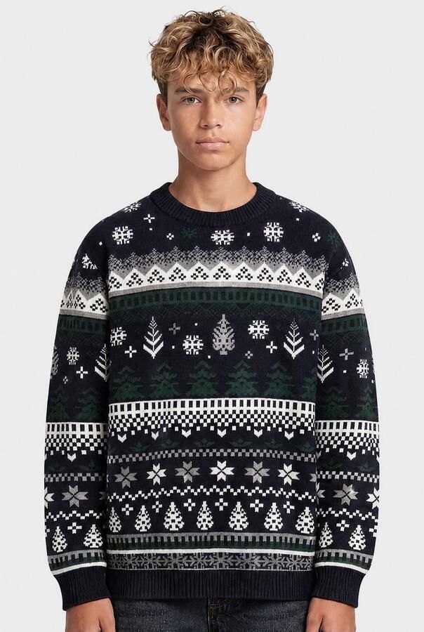 Redefined Rebel junior katoenen gebreide trui met print donkerblauw wit groen