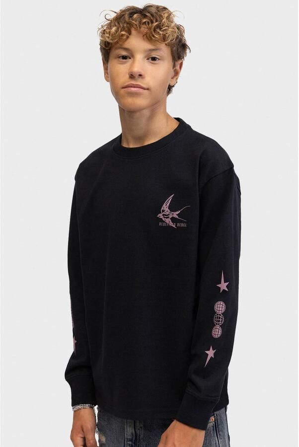 Redefined Rebel longsleeve met backprint zwart roze Jongens Katoen Ronde hals