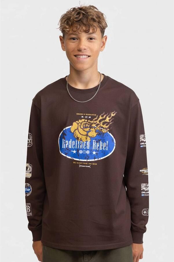 Redefined Rebel longsleeve met print donkerbruin Jongens Katoen Ronde hals