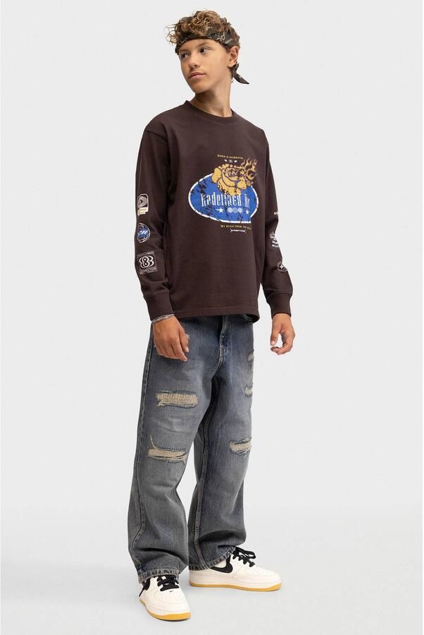 Redefined Rebel longsleeve met print donkerbruin Jongens Katoen Ronde hals - Foto 3
