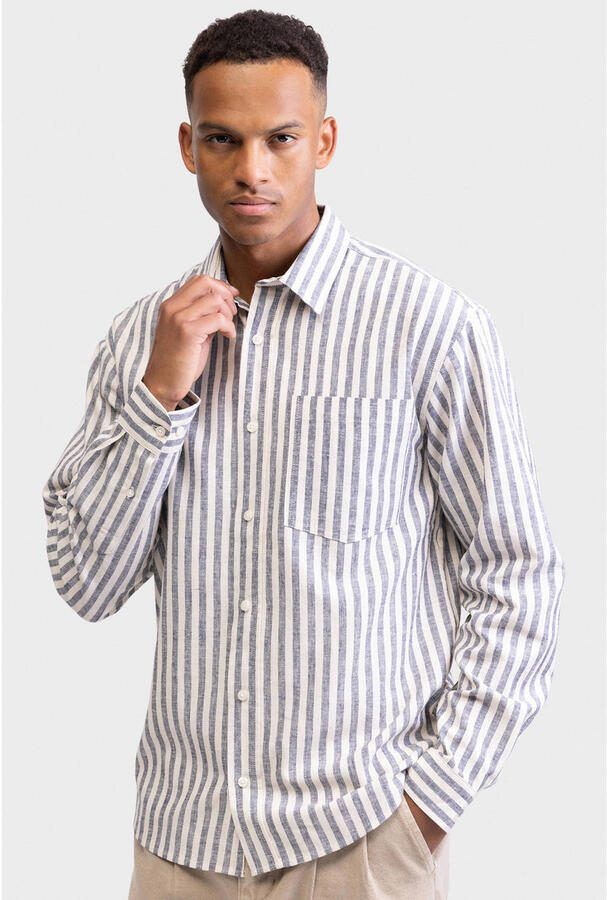 Redefined Rebel loose gestreept casual overhemd met linnen grijs