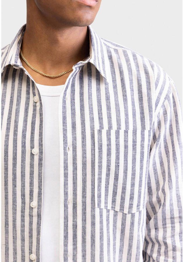 Redefined Rebel loose gestreept casual overhemd met linnen grijs - Foto 2