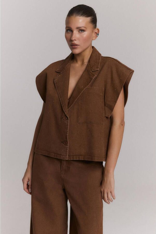 Refined Department denim oversized gilet met strass-steentjes bruin