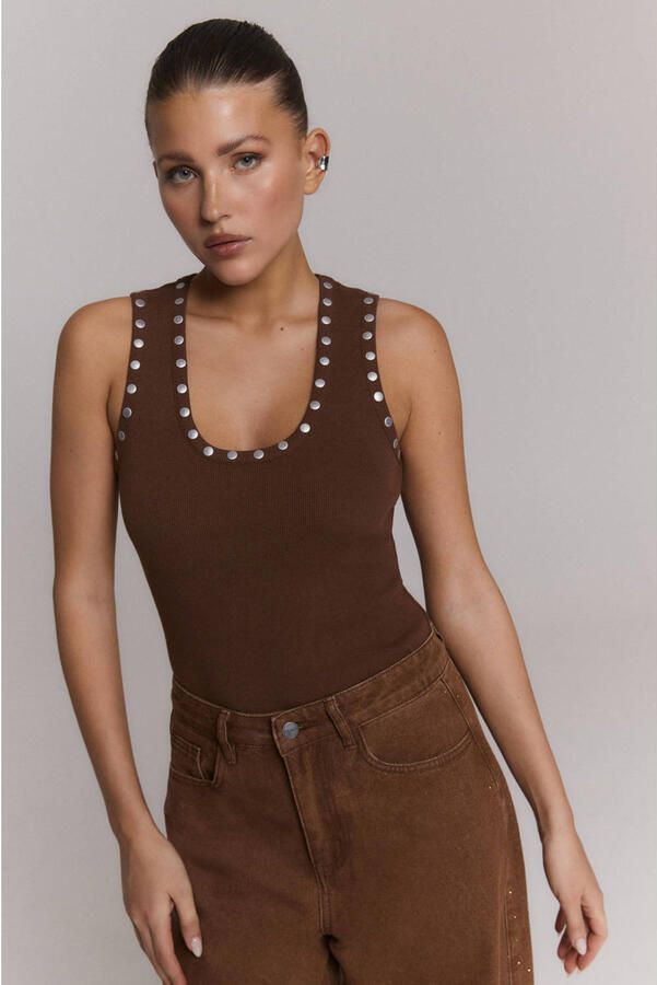 Refined Department getailleerde singlet met studs donkerbruin