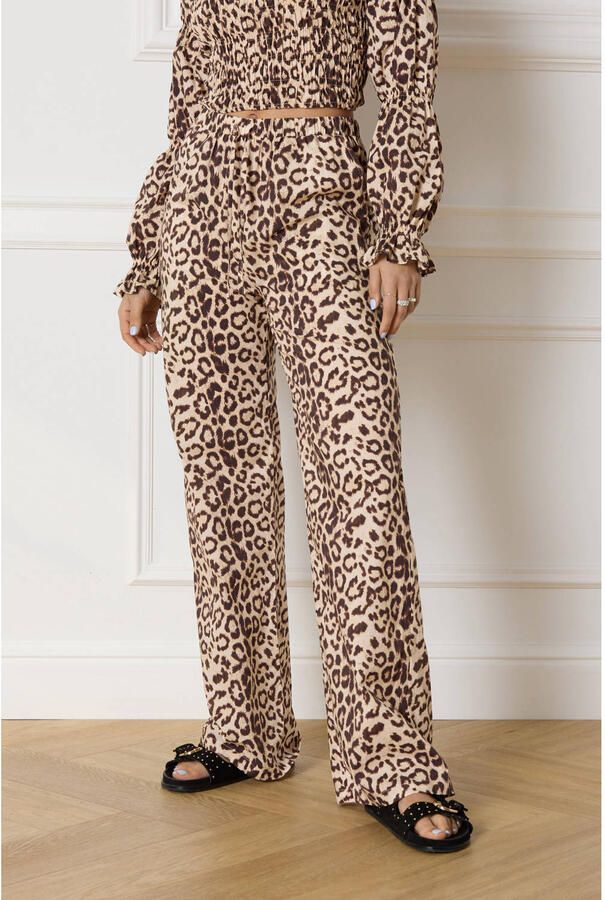 Refined Department high waist wide leg broek Sem met panterprint bruin beige