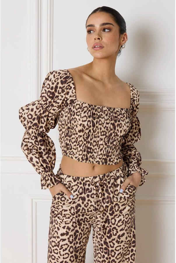 Refined Department high waist wide leg broek Sem met panterprint bruin beige - Foto 2