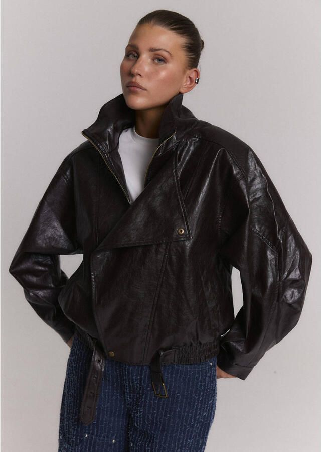Refined Department imitatieleren bikerjas met ceintuur donkerbruin
