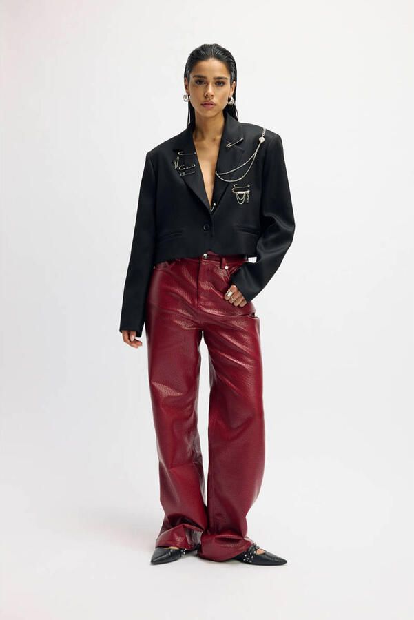 Refined Department imitatieleren wide leg regular waist casual broek donkerrood - Foto 5
