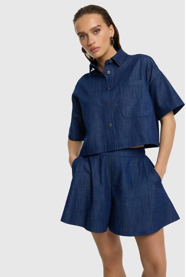 Refined Department wide leg regular waist denim short donkerblauw