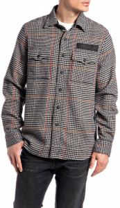 REPLAY geruit regular fit overshirt met wol blauw