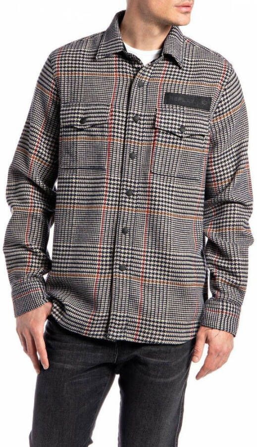 REPLAY geruit regular fit overshirt met wol blauw