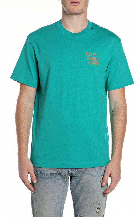 REPLAY regular T-shirt met backprint turquoise
