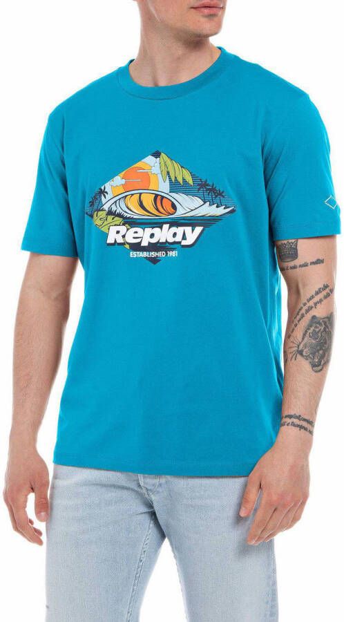 REPLAY T-shirt met printopdruk neon sky